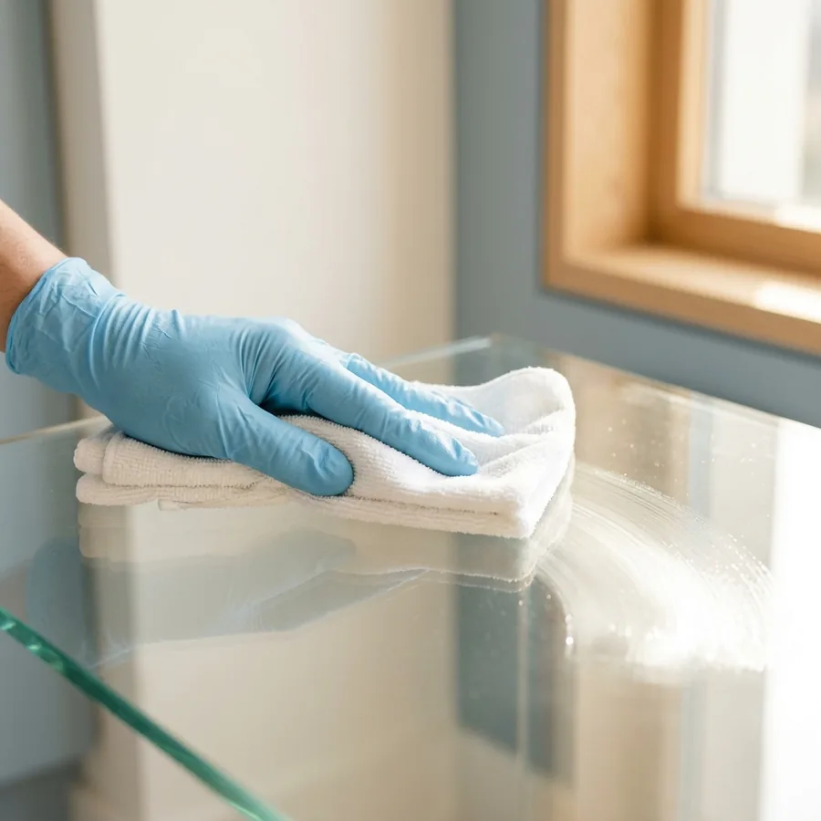 Gloved hand wiping a glass surface to a streak-free finish