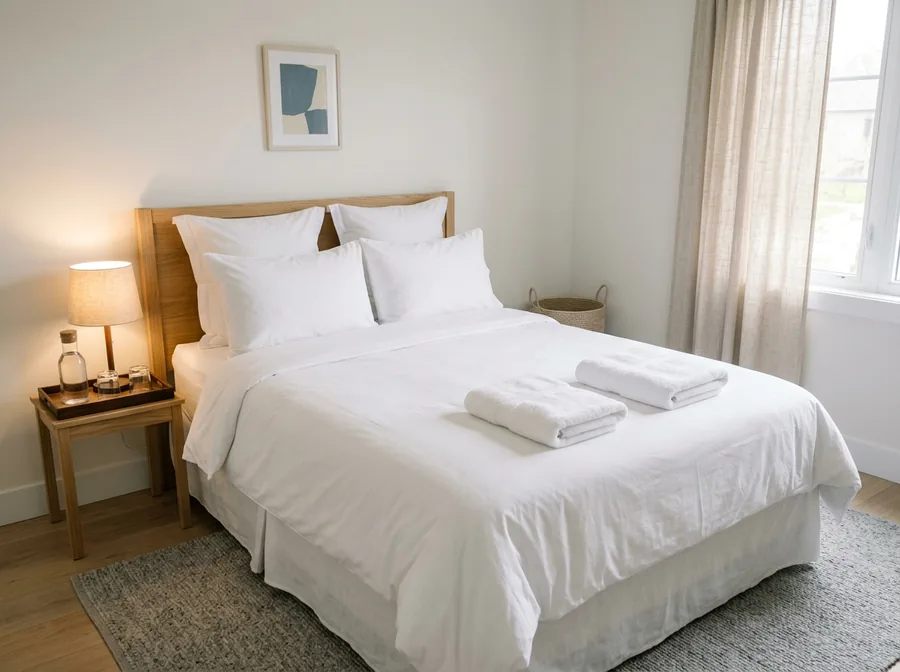 Short-term rental bedroom staged with crisp white bedding and folded towels