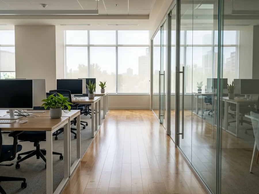 Freshly cleaned office interior with polished floor and clean glass partitions
