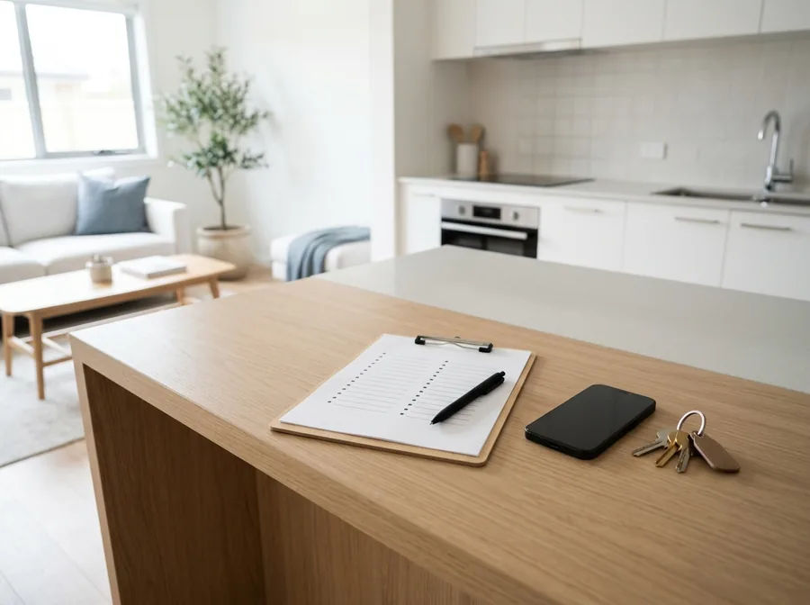Property inspection checklist and keys on a kitchen island