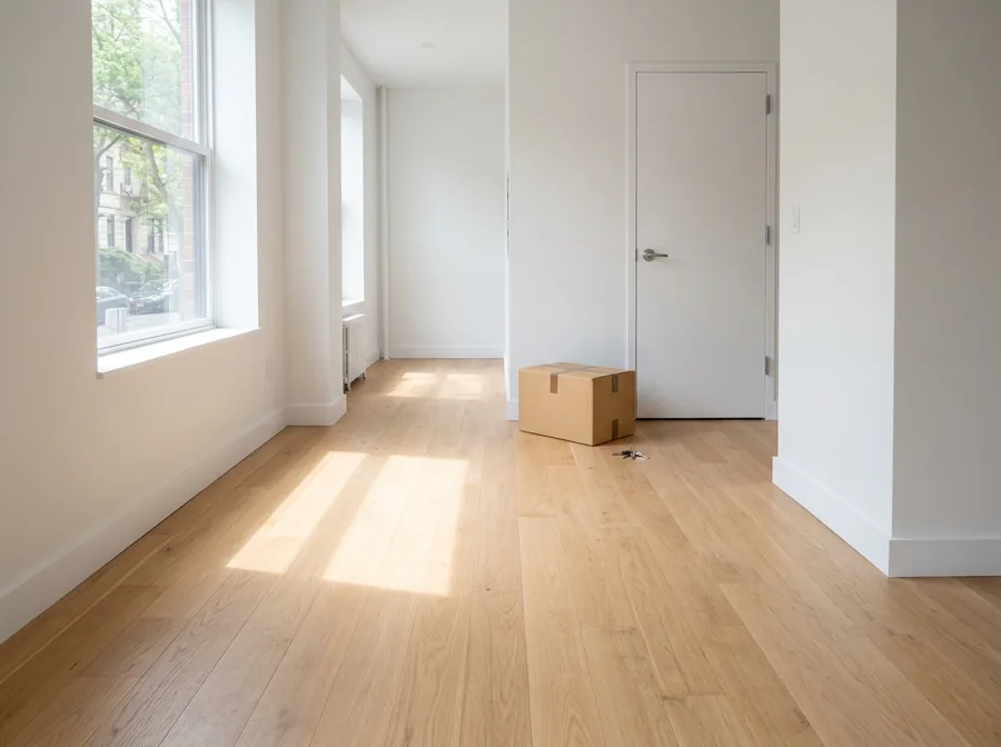 Empty apartment with clean floors and sunlight, ready for handover