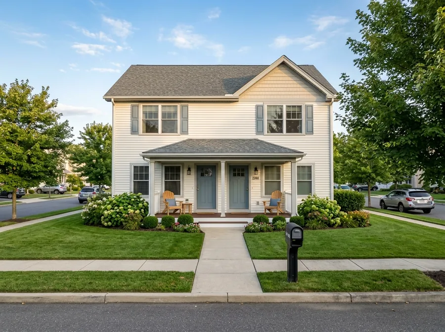 Well-maintained two-storey rental property with a tidy lawn and porch