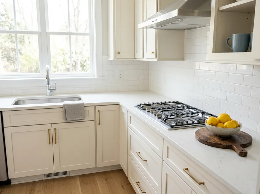 Spotless residential kitchen with clear countertops and a streak-free cooktop