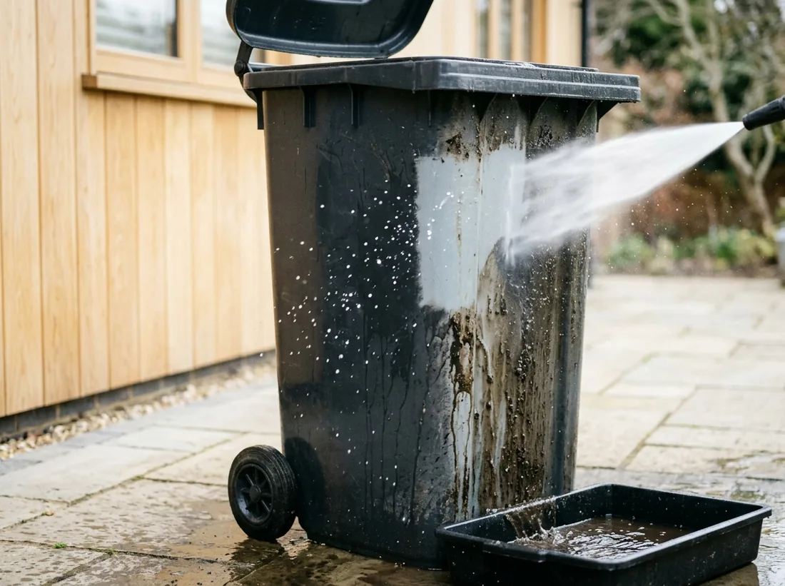 Wheeled trash can being pressure washed, grime lifting off the inside wall and running down into a collection tray