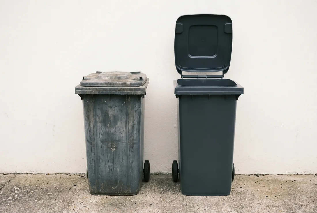 A stained trash can standing beside a freshly cleaned one, showing the difference after a wash